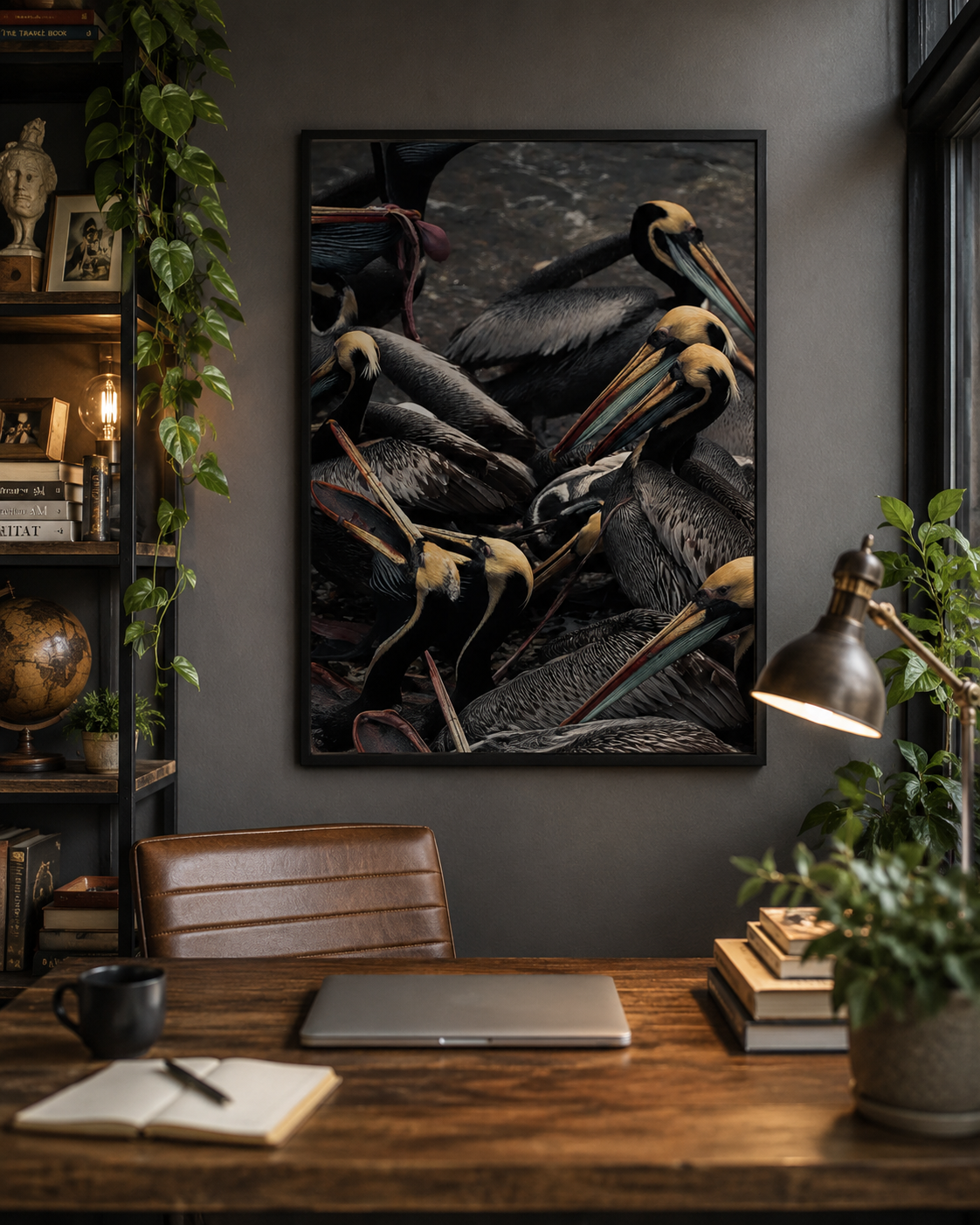 Bring the beauty of coastal wildlife into your space with this striking 18x24 Pelican Flock Wildlife Poster. This dramatic nature photograph captures a group of pelicans gathered along the shoreline, showcasing their unique features, textured feathers, and long distinctive beaks.