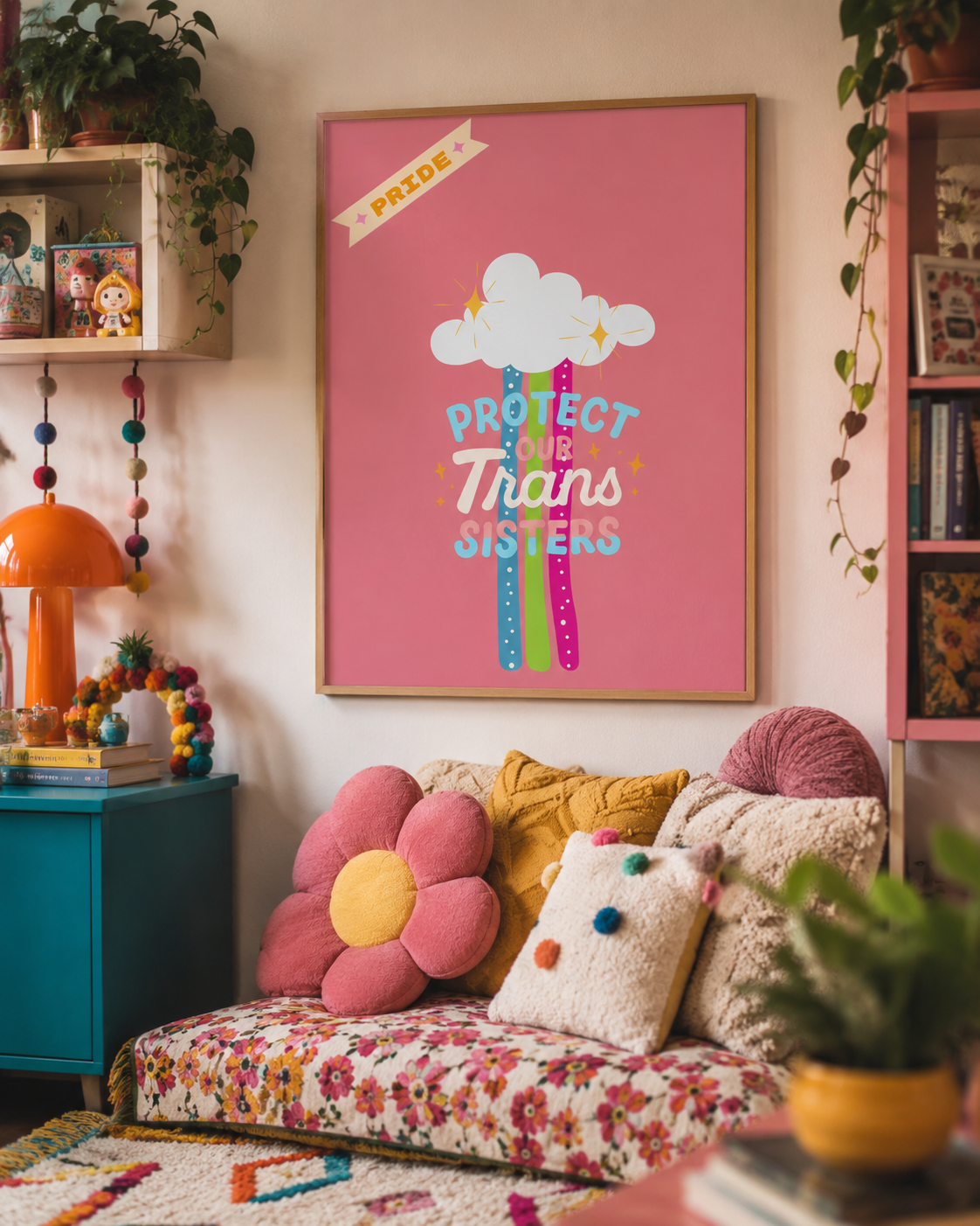 This 18x24 Protect Our Trans Sisters poster. This powerful design features uplifting colors and bold lettering that advocates for protection, visibility, and solidarity with the transgender community. The rainbow inspired design and soft cloud imagery symbolize hope, unity, and collective support.