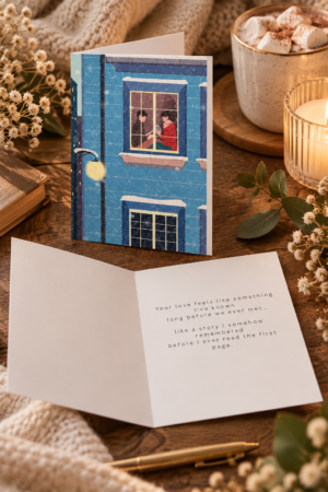 Featuring an intimate winter scene of two people sharing a quiet moment by the window, Capture the magic of a quiet, meaningful connection with this cozy and poetic love card.