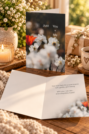 Featuring a dreamy floral background and the heartfelt message says Your love feels like a quiet breeze, this card evokes a sense of peace, comfort, and genuine connection.