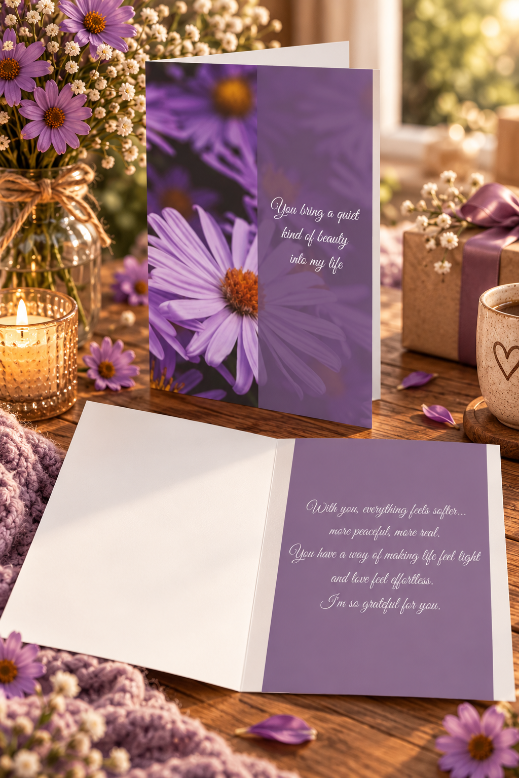 Featuring a soft focus flower design and the heartfelt message says You bring a quiet kind of beauty into my life, this card captures a sense of calm, appreciation, and emotional connection.