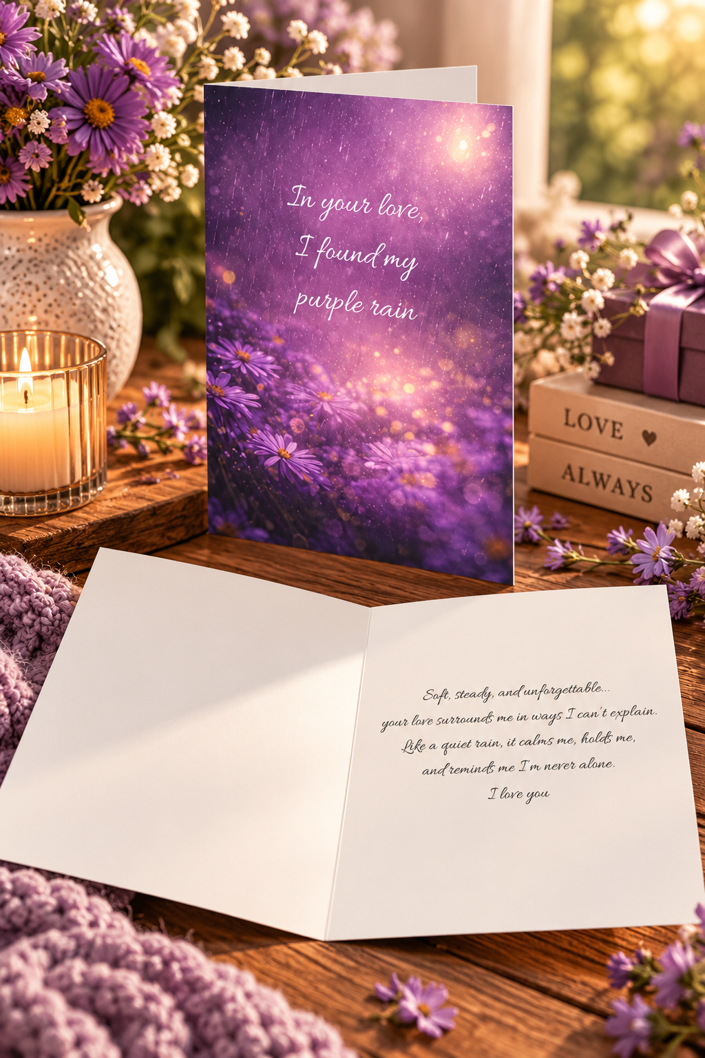 Featuring a soft, glowing floral background and the romantic message says In your love, I found my purple rain, this design captures a sense of peace, passion, and deep connection.