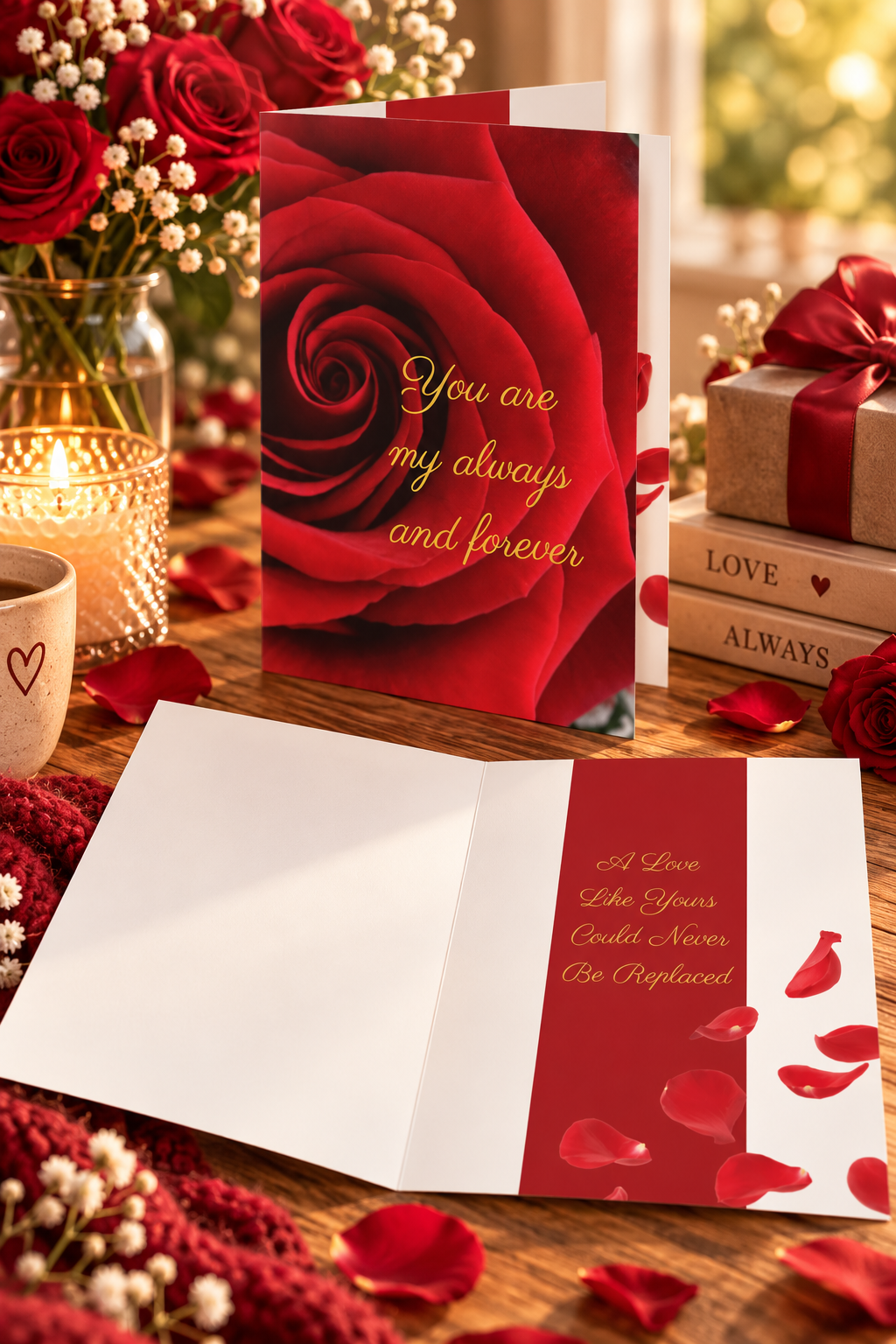 Express your love in a timeless and elegant way with this romantic rose themed greeting card. Featuring a stunning close up of a deep red rose and the heartfelt message says You are my always and forever.