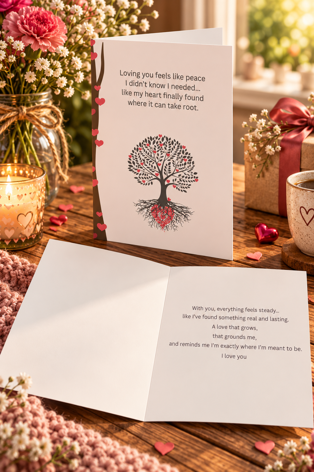Featuring a symbolic tree with heart filled branches and roots forming a heart below, this design represents growth, connection, and lasting love.