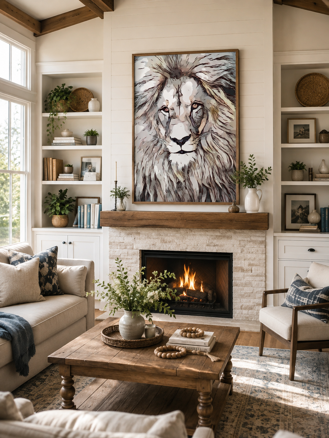white majestic lion sitting in a picture frame on the wall above a fireplace.
