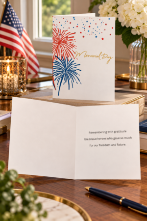 A white, folded greeting card standing slightly open on a plain surface. The front design features sketchy, hand drawn fireworks bursts in red and blue on the left margin. Small red and blue stars sprinkle across the top like confetti. Elegant, thin gold script font in the center reads "Memorial Day."