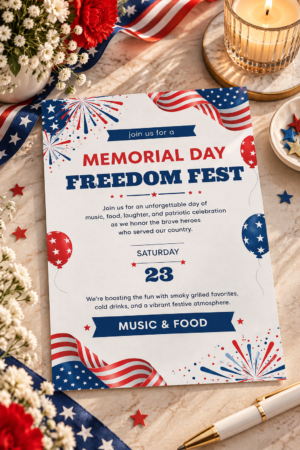 Two hands hold up a white vertical greeting card showcasing a patriotic event invitation. The card features red and blue text reading "join us for a MEMORIAL DAY FREEDOM FEST" at the top. The festive layout is decorated with realistic illustrated American flags waving in the corners, red and blue fireworks bursts, and helium balloons pattern printed with stars. The center text invites guests for music, food, and honoring heroes on "SATURDAY 23", complete with a blue ribbon graphic reading "MUSIC & FOOD".