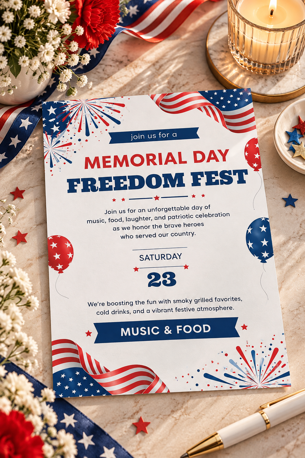 Two hands hold up a white vertical greeting card showcasing a patriotic event invitation. The card features red and blue text reading "join us for a MEMORIAL DAY FREEDOM FEST" at the top. The festive layout is decorated with realistic illustrated American flags waving in the corners, red and blue fireworks bursts, and helium balloons pattern printed with stars. The center text invites guests for music, food, and honoring heroes on "SATURDAY 23", complete with a blue ribbon graphic reading "MUSIC & FOOD".