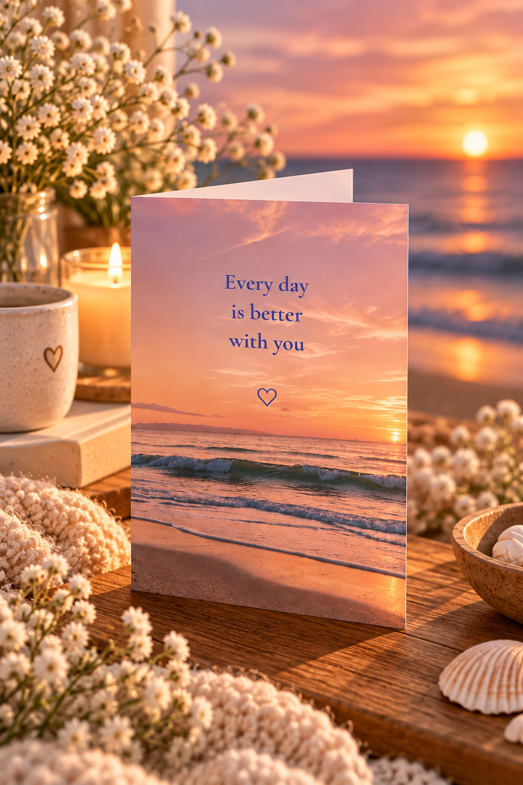 Show someone special just how much they mean to you with this romantic printable greeting card featuring a breathtaking sunset over the ocean and the heartfelt message says Every Day Is Better With You. The calming shoreline, soft pastel skies, and timeless sentiment create the perfect keepsake for celebrating love, appreciation, and meaningful connections.