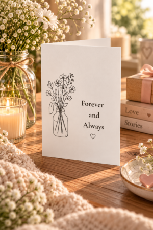 Featuring delicate floral line art arranged in a charming glass vase alongside the heartfelt phrase that says Forever and Always, this minimalist design offers a beautiful way to express your deepest feelings.