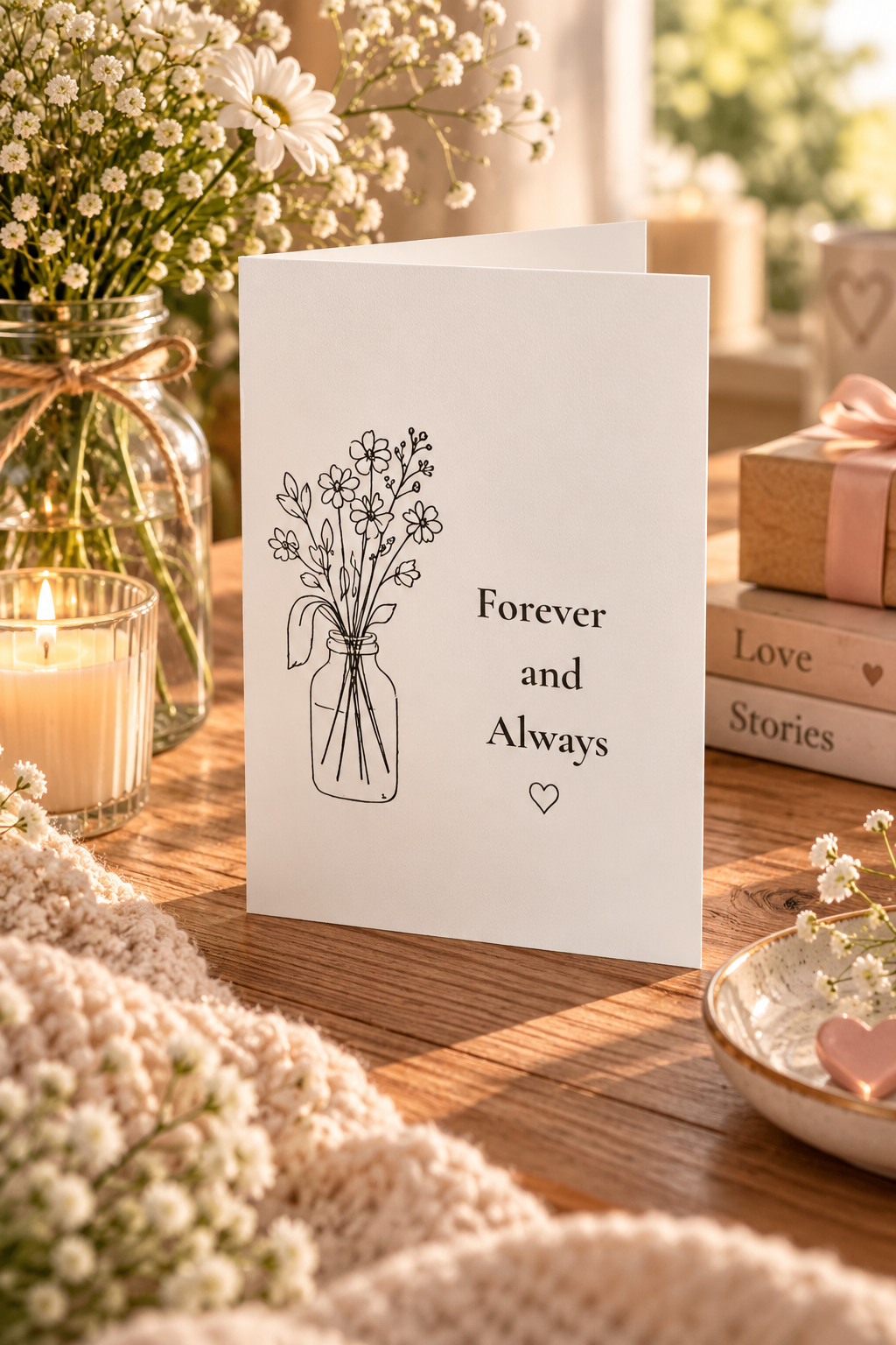 Featuring delicate floral line art arranged in a charming glass vase alongside the heartfelt phrase that says Forever and Always, this minimalist design offers a beautiful way to express your deepest feelings.