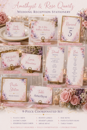 Amethyst & Rose Quartz Wedding Reception Stationery