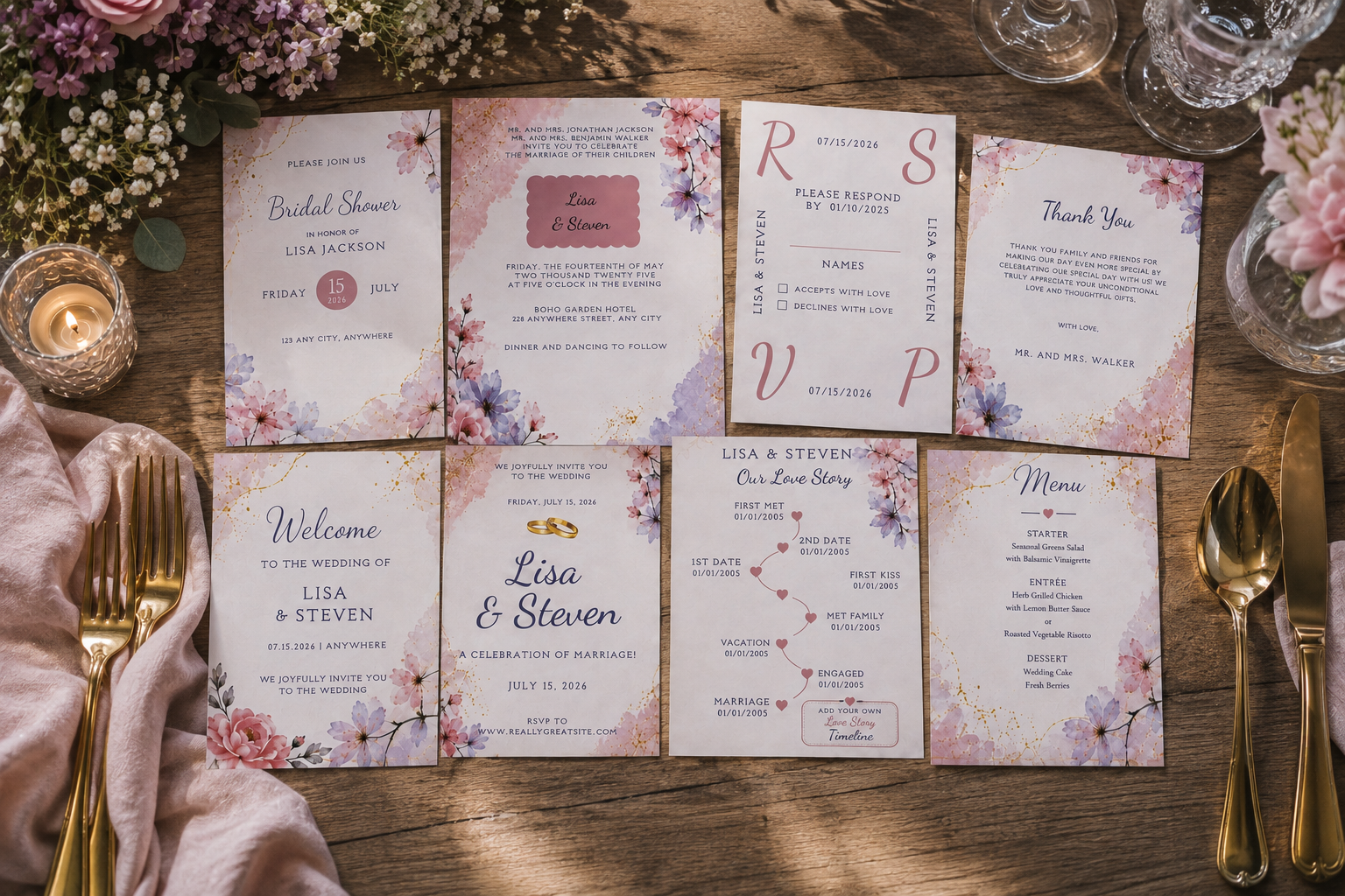Amethyst and Rose wedding stationery suite with floral invitations, RSVP card, menu, thank you card and wedding timeline displayed on an elegant table with gold tableware.