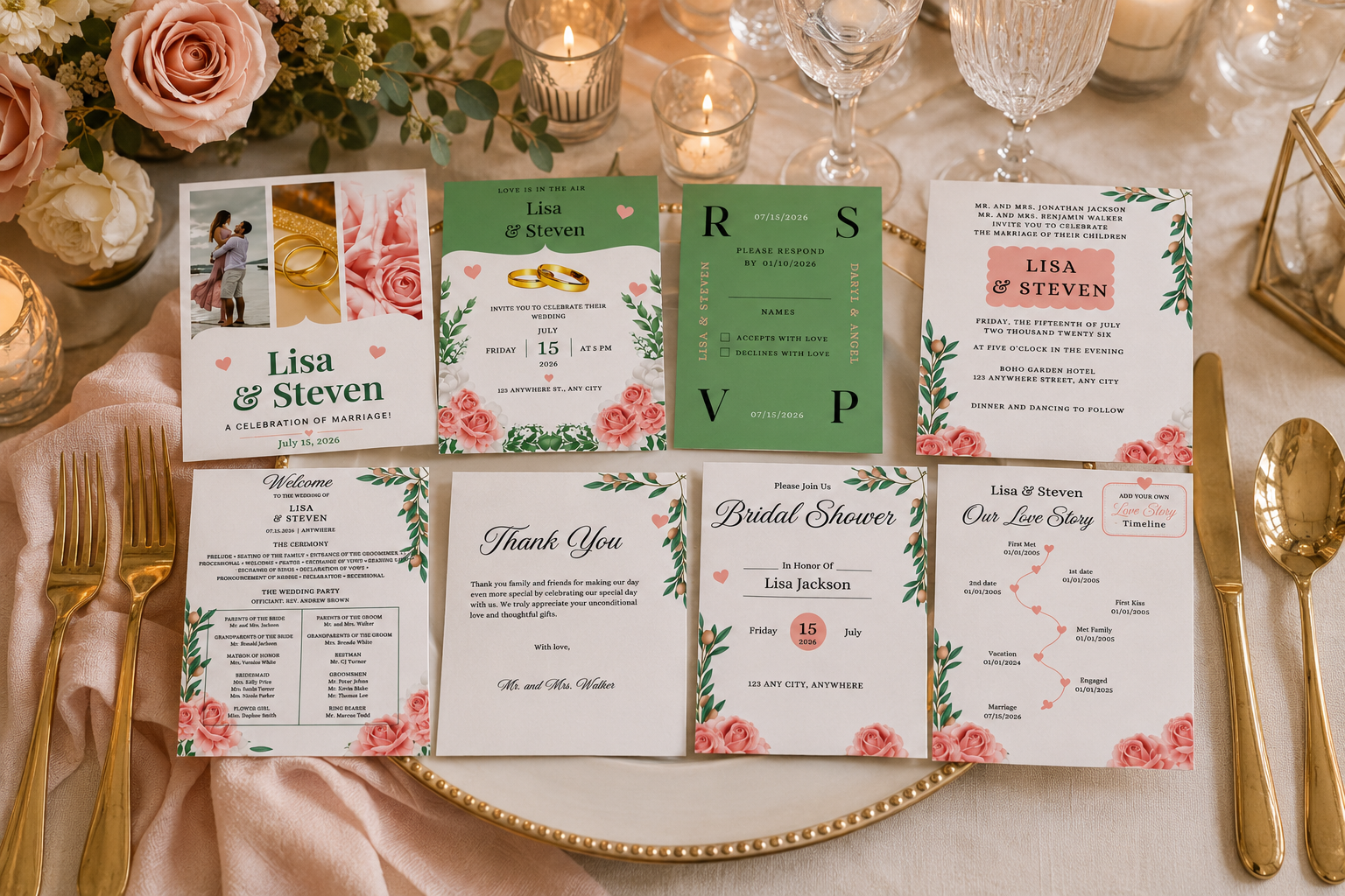Ever After wedding stationery collection with green and blush floral invitations, RSVP card, wedding program, thank you card and timeline displayed on an elegant table.