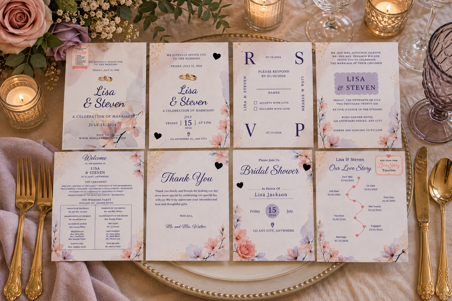 Forever Love wedding stationery collection with soft pink and lavender floral invitations, RSVP card, wedding program, bridal shower invitation and timeline on an elegant table.