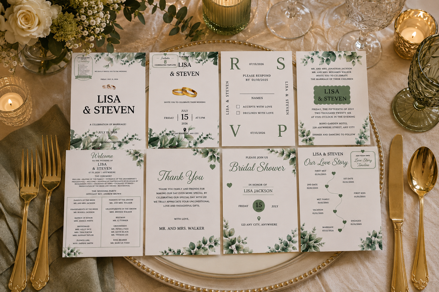 The Modern Love wedding stationery collection with sage green botanical invitations, RSVP card, wedding program, thank you card and timeline displayed with elegant tableware.