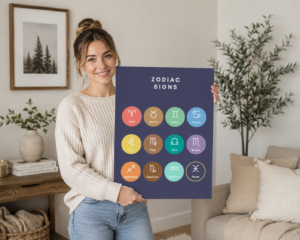 Colorful 18x24 Zodiac Signs printable poster featuring all 12 astrology signs on a dark navy background.