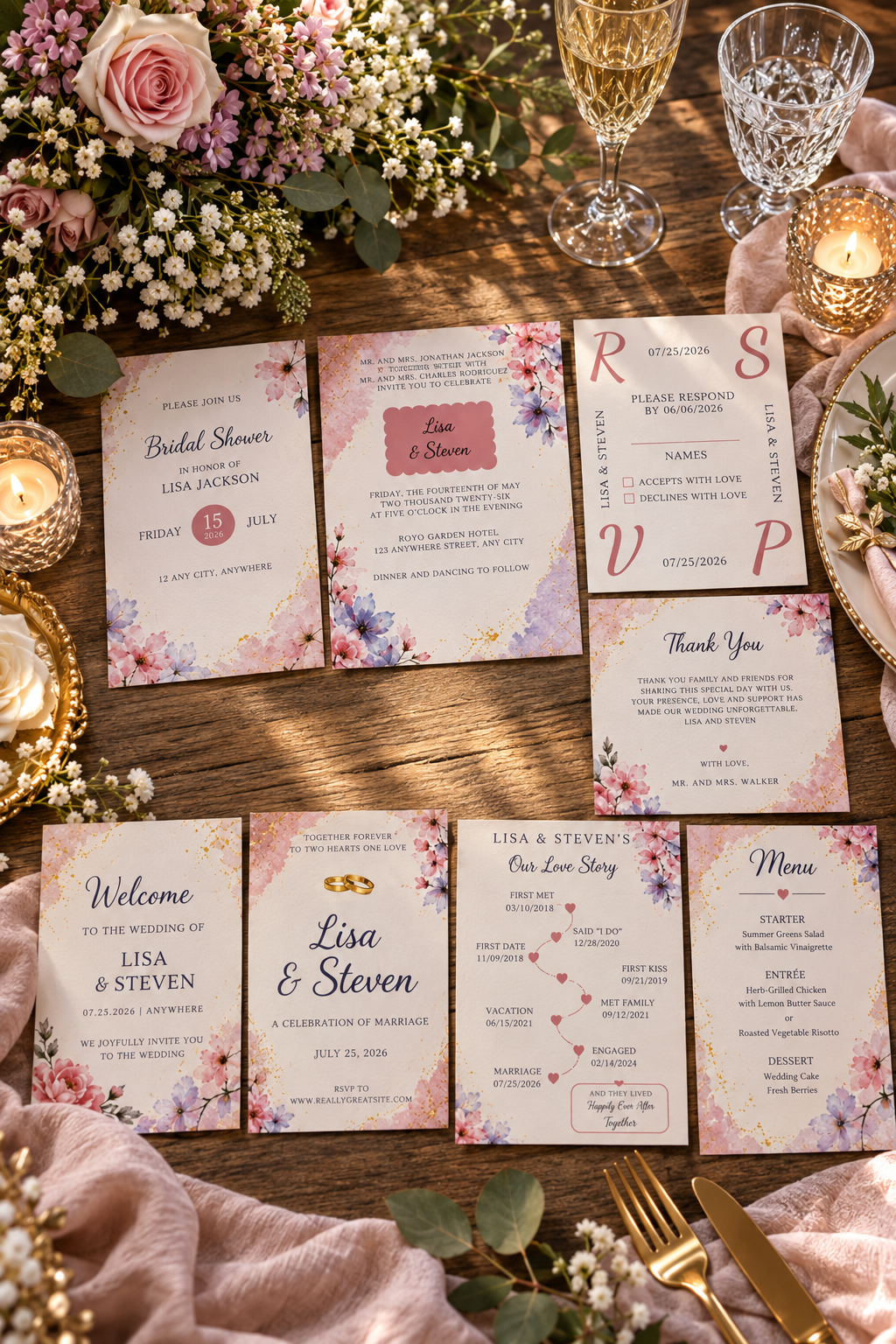 Celebrate your special day with the romantic elegance of Amethyst & Rose Quartz Wedding Bundle Suite, featuring 8 editable Canva templates with romantic blush florals, soft amethyst watercolor accents, and delicate gold details.
