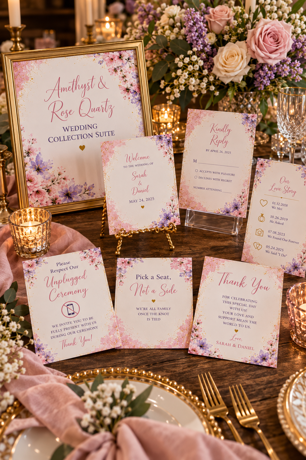 Celebrate your special day with the Amethyst & Rose Quartz Wedding Collection Suite, featuring 8 editable Canva templates with romantic blush florals, soft amethyst watercolor accents, and delicate gold details.