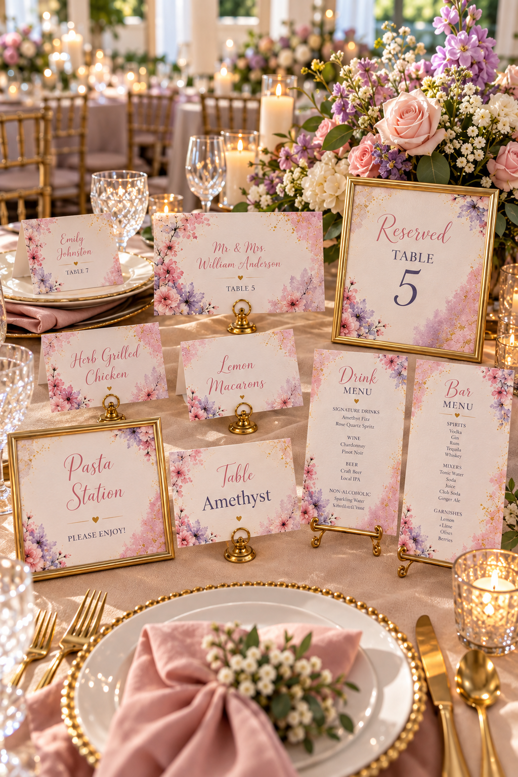 Amethyst wedding table stationery bundle featuring matching place cards, food buffet tents, bar menu, and a table number sign.