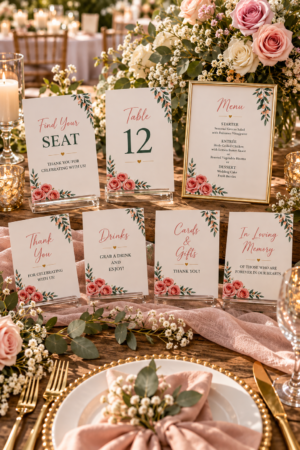 Wedding reception table signs with pink floral borders displayed in clear acrylic block holders and a gold frame.
