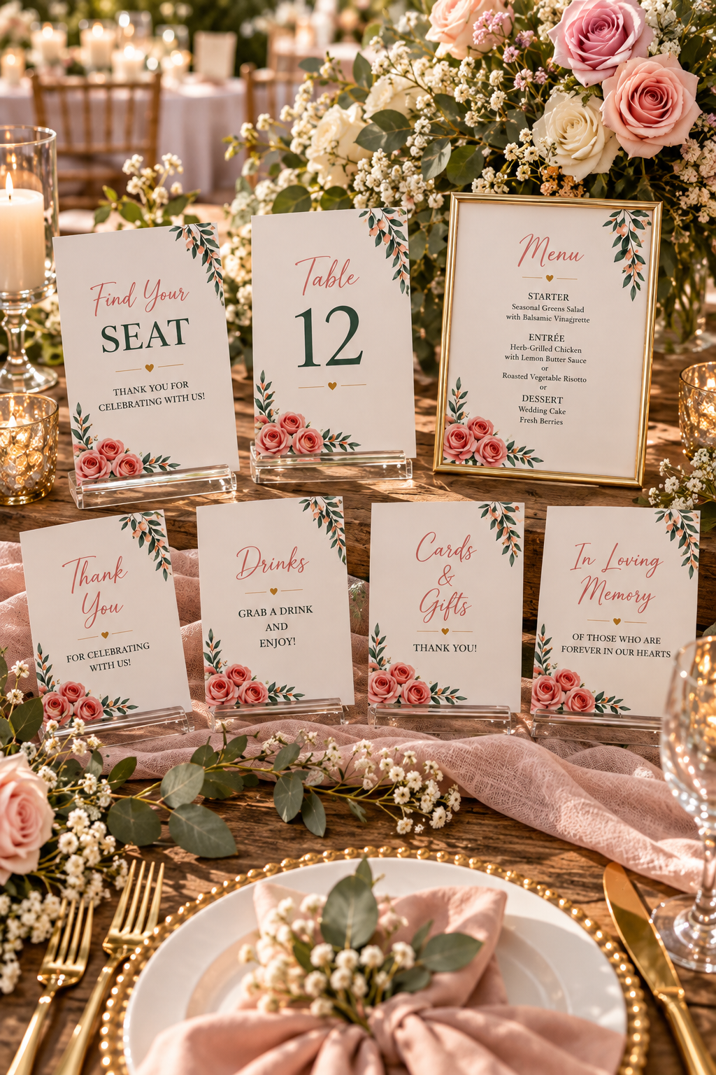 Wedding reception table signs with pink floral borders displayed in clear acrylic block holders and a gold frame.