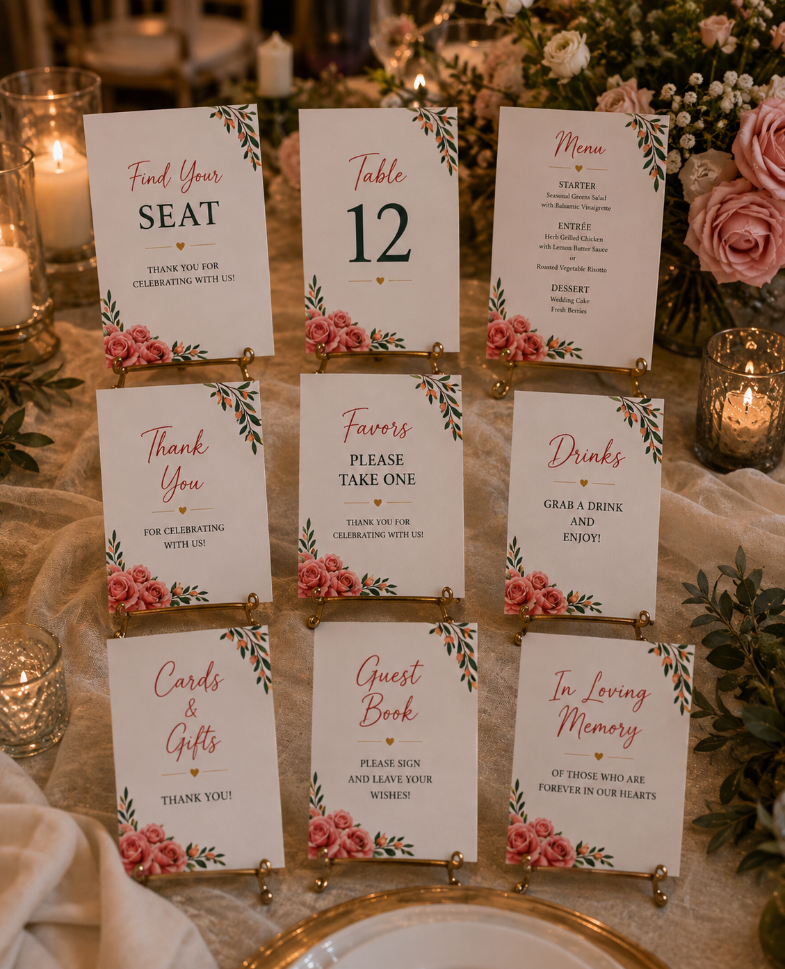 A matching 9-piece wedding reception signage collection featuring pink roses and greenery borders on white cards.