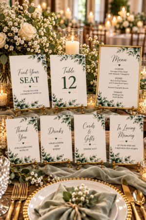Complete your celebration with The Modern Love Wedding Reception Essentials, featuring soft watercolor greenery and timeless typography.