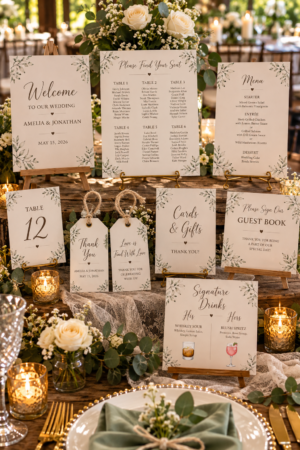 Rustic kraft wedding signs collection with minimalist line art leaf illustrations and a signature drinks menu.