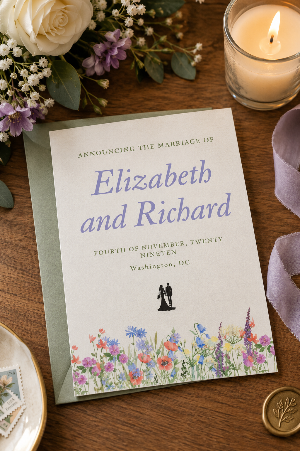 A wedding announcement card featuring blue and purple wildflowers along the bottom border, paired with a sage green envelope.