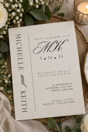 A modern minimalist cream wedding invitation featuring a bold vertical split layout with a large monogram logo.