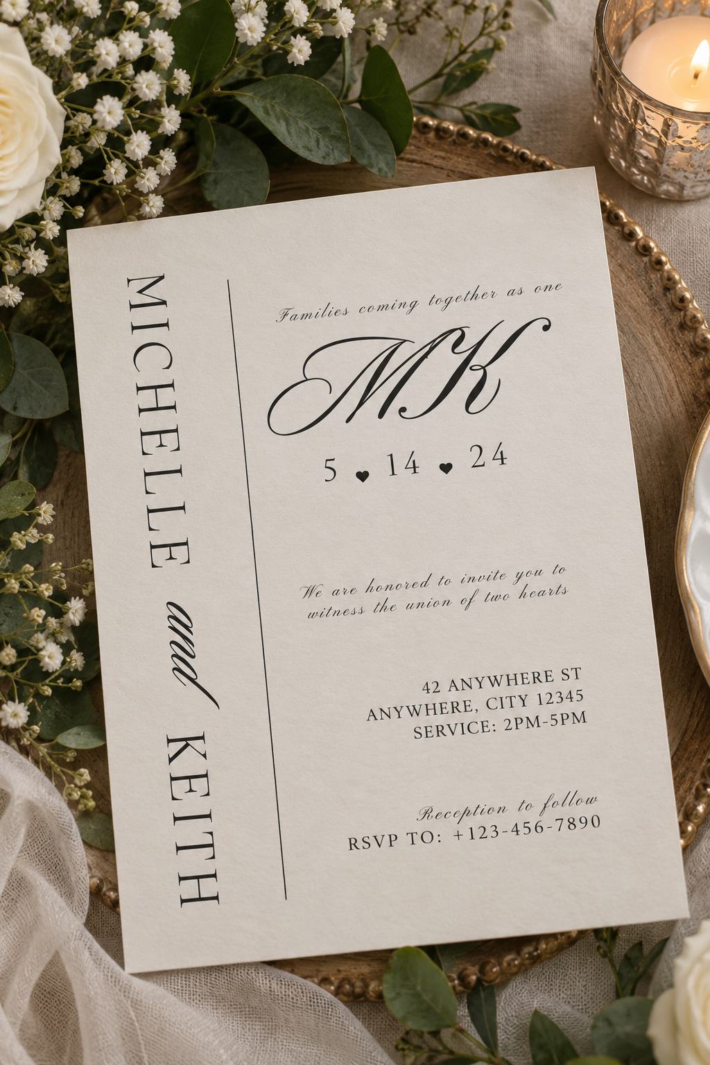 A modern minimalist cream wedding invitation featuring a bold vertical split layout with a large monogram logo.