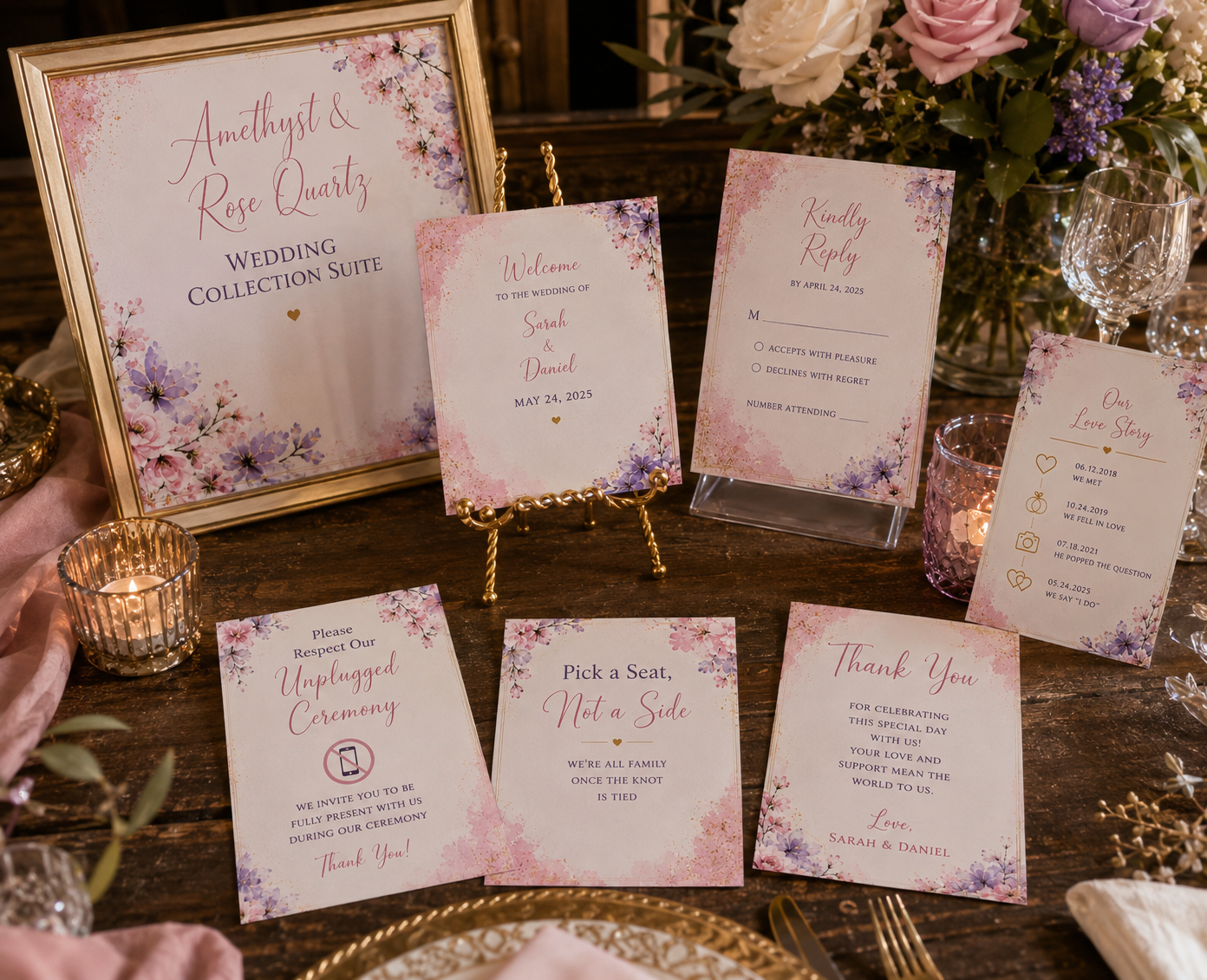 Amethyst and rose quartz wedding invitation suite and stationery collection with purple floral and crystal graphics.