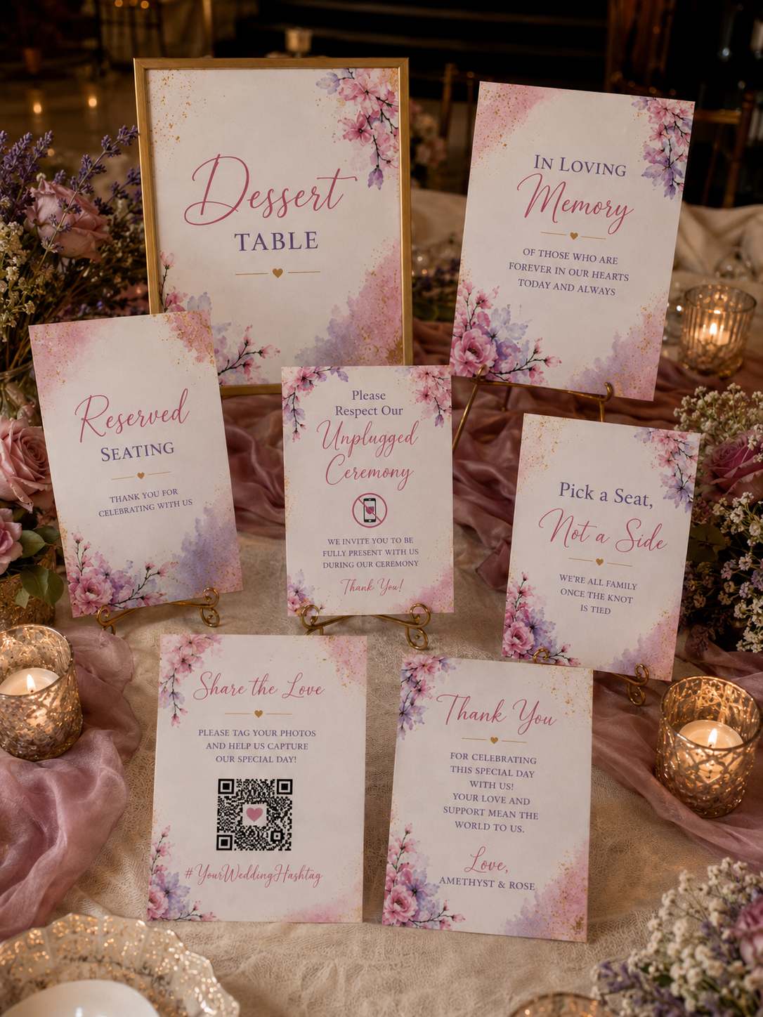 Amethyst and rose quartz wedding reception signs featuring a QR code Instagram sign, dessert menu, and ceremony cards.
