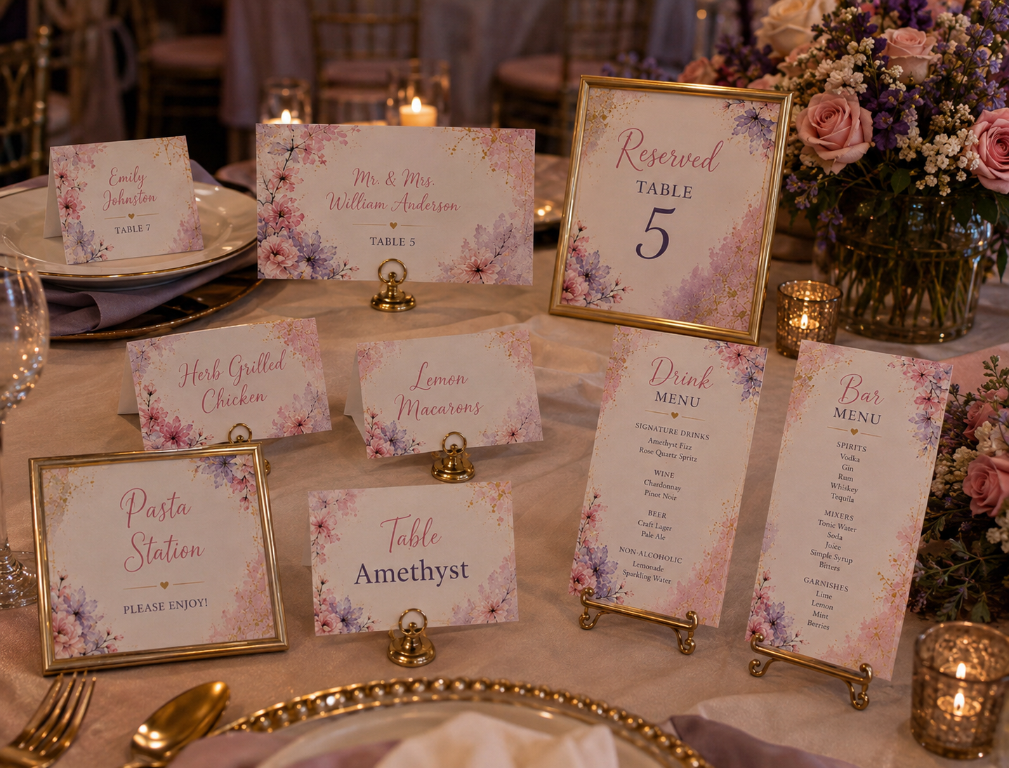 Amethyst wedding table stationery bundle featuring matching place cards, food buffet tents, bar menu, and a table number sign.