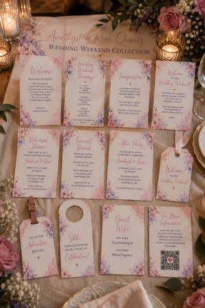 Amethyst wedding weekend stationery suite with hotel welcome bag inserts, weekend timeline itineraries, and a custom door hanger.