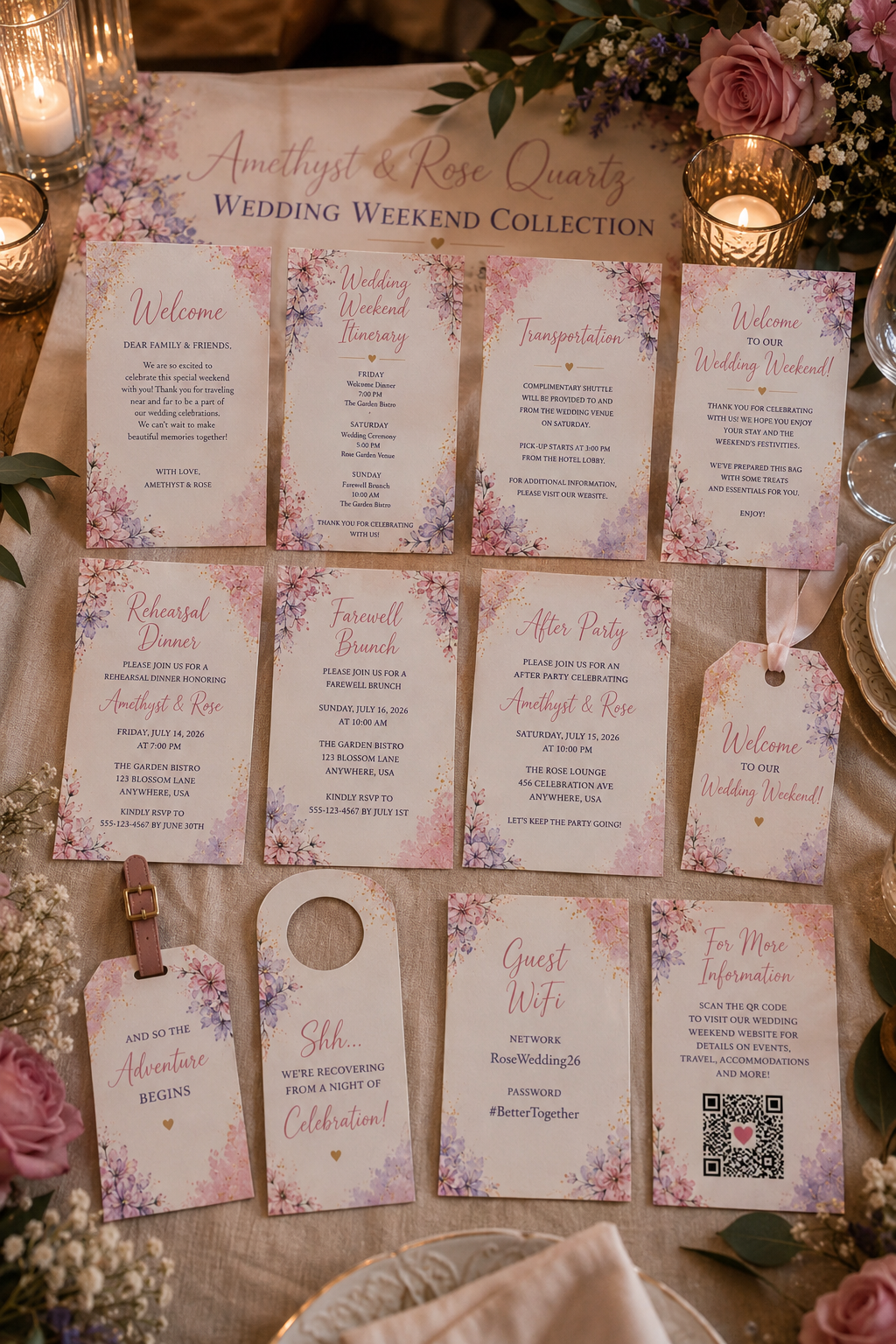 Amethyst wedding weekend stationery suite with hotel welcome bag inserts, weekend timeline itineraries, and a custom door hanger.
