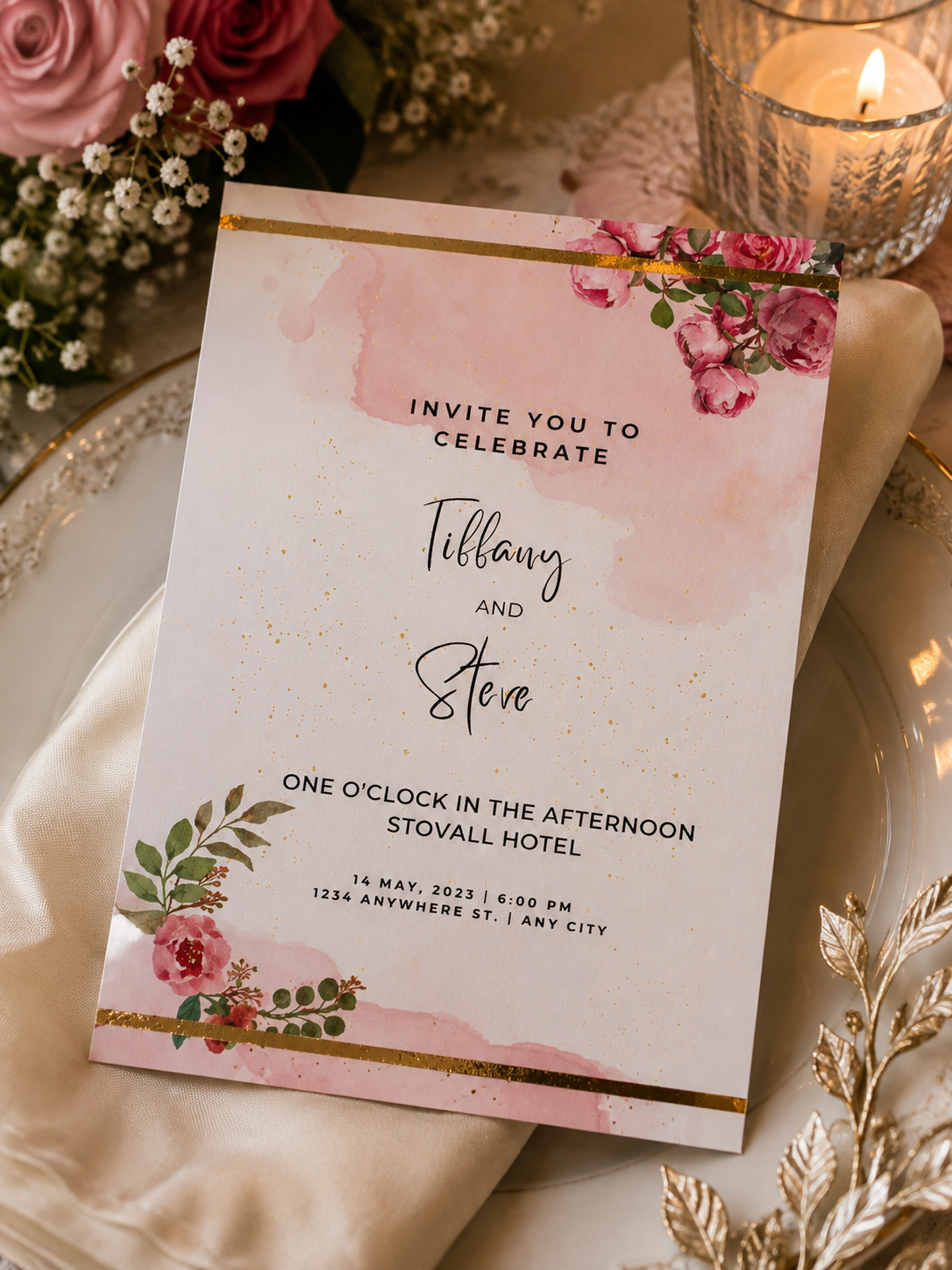Blush pink watercolor wedding invitation card featuring horizontal gold foil bars and watercolor pink rose corners.