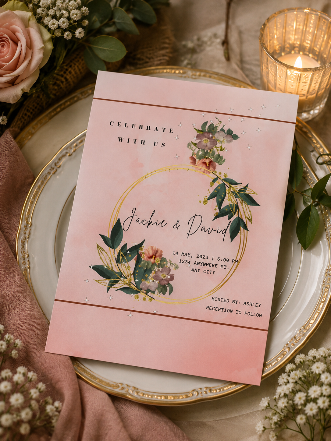 Blush pink watercolor wedding invitation featuring a circular gold geometric frame with emerald green leaves and floral garlands.