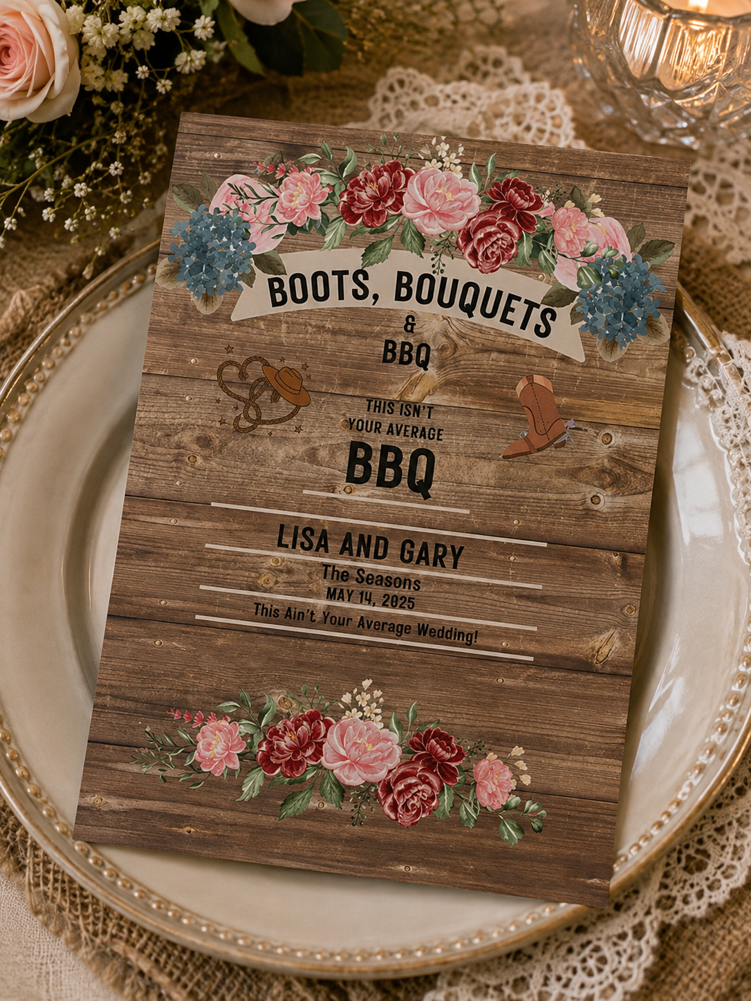 Rustic wood background wedding invitation with floral arrangements and cowboy boot graphics for a country BBQ wedding.