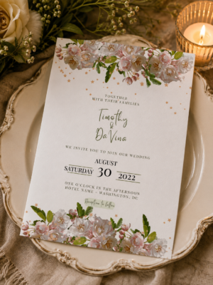 A white wedding invitation card featuring blush pink apple blossom garlands and scattered gold star constellations.