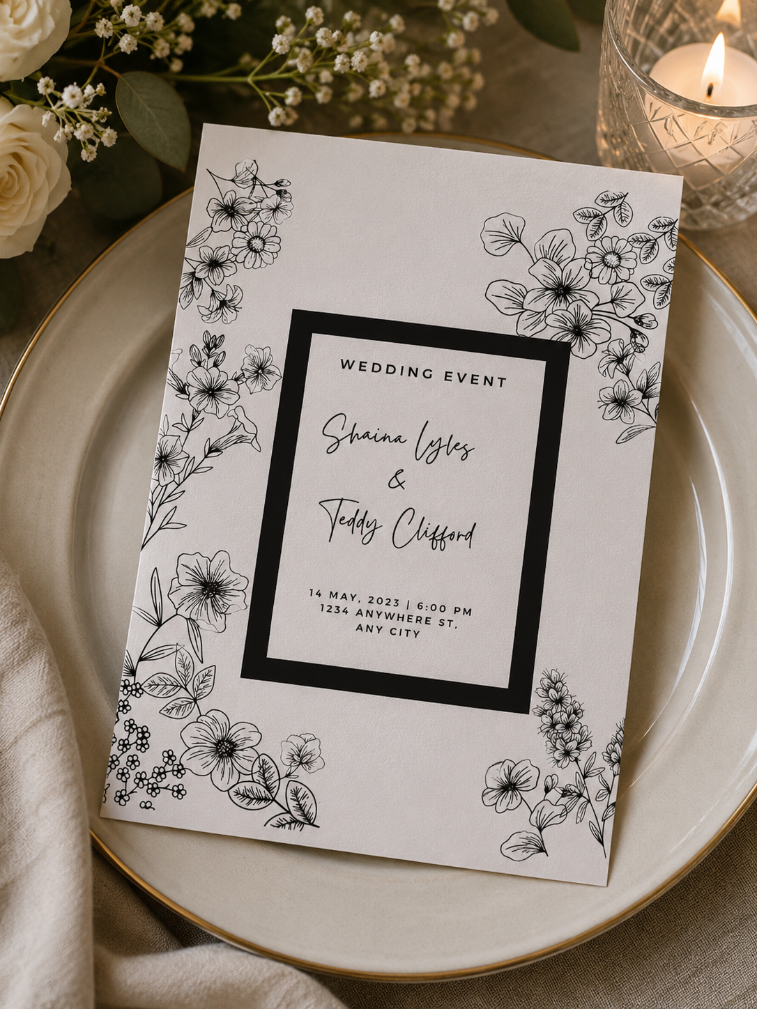 A minimalist white wedding invitation featuring a thick black rectangular frame and black ink line art flower borders.