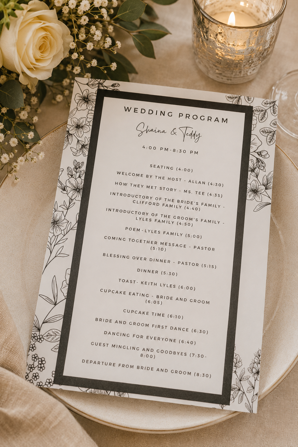 A modern white wedding program featuring a thick black rectangular border frame and delicate sketch line art flower margins.