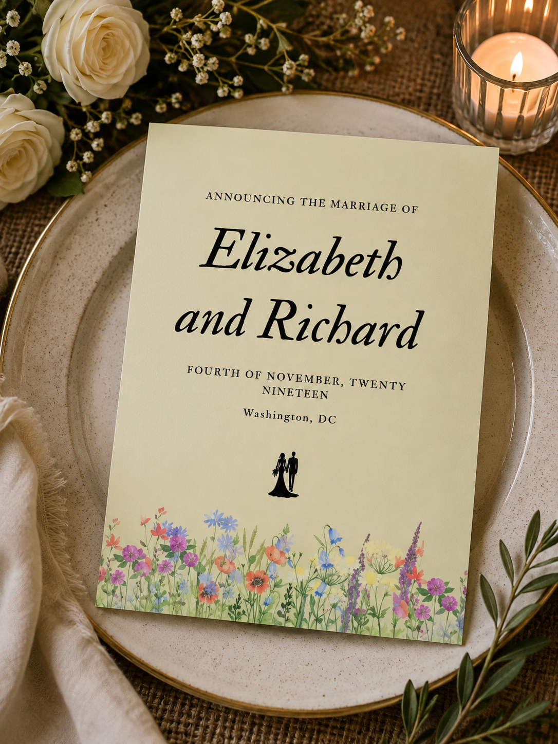 A pastel yellow wedding announcement card featuring a vibrant watercolor meadow of purple, blue, and orange wildflowers.