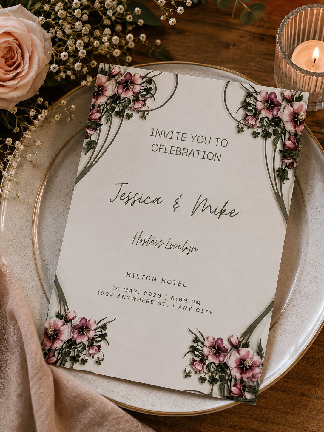 A wedding celebration invitation card featuring deep mauve hellebore flowers and elegant green arched vines on a white background.