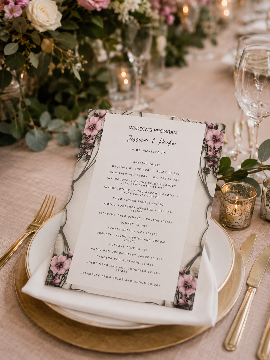 A formal wedding timeline program card decorated with rich mauve hellebore watercolor flowers and grey arching branches.
