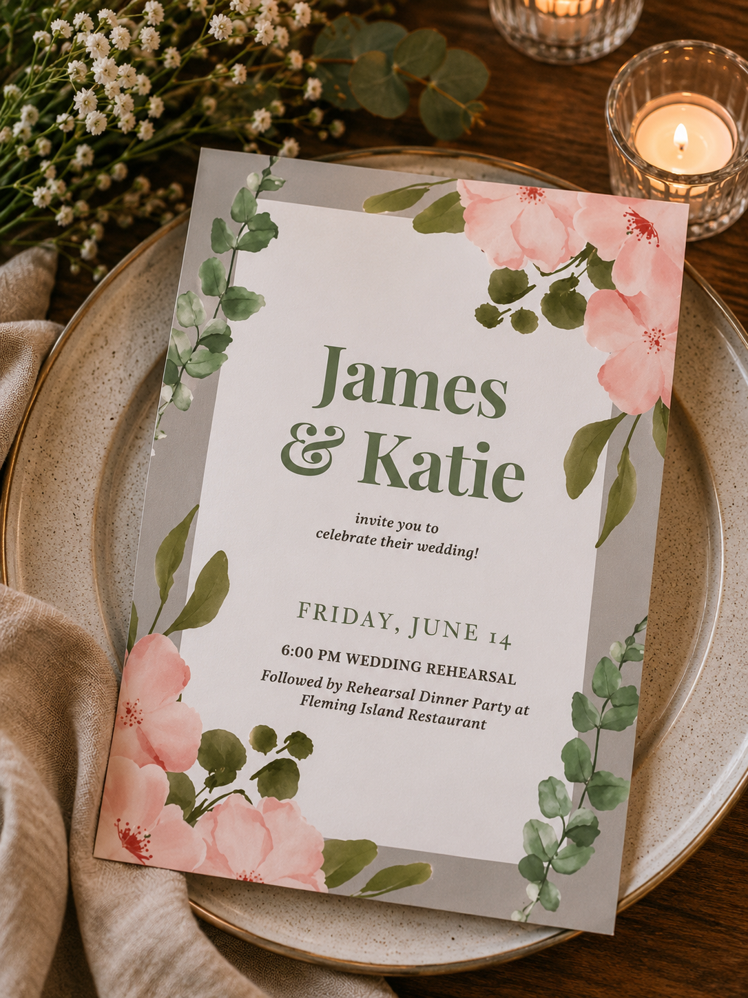 A wedding rehearsal invitation card featuring blush pink flowers and green eucalyptus sprigs with a thick grey border frame.