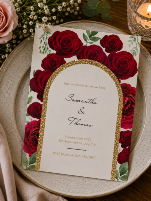 A white wedding invitation card featuring an archway of vibrant red roses and a textured gold glitter border frame.
