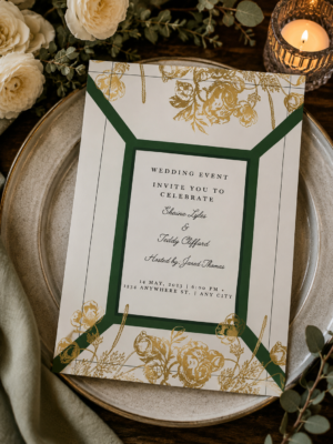 A modern geometric wedding invitation featuring an emerald green panel border and shiny gold metallic line art flowers.