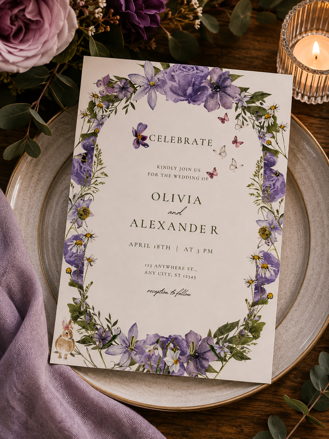 Lavender and purple watercolor floral wedding invitation featuring an oval wildflower wreath with butterflies and a small bunny illustration.